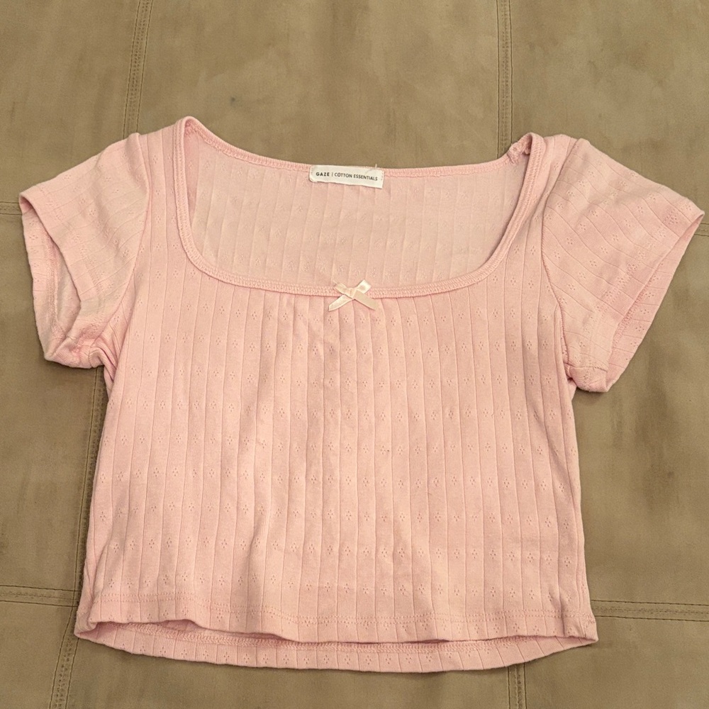 Gaze Soft Pink Ribbed Crop Top with bow Size Small